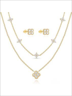 14K Gold Plated Clover Cross Necklace & CZ Stud Earrings Set